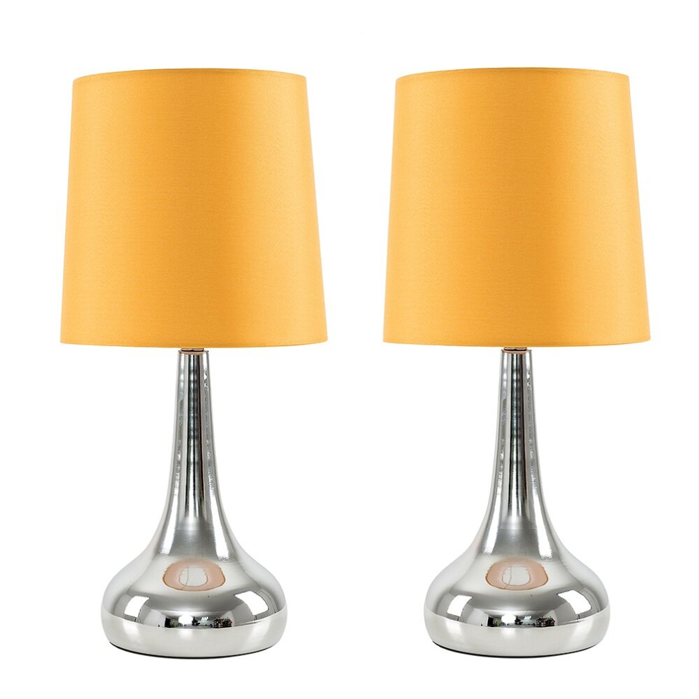 Pair of Modern Chrome Teardrop Touch Bed Side Table Lamps with Mustard Fabric Shades - Complete with 5w LED Bulbs [3000K Warm White]