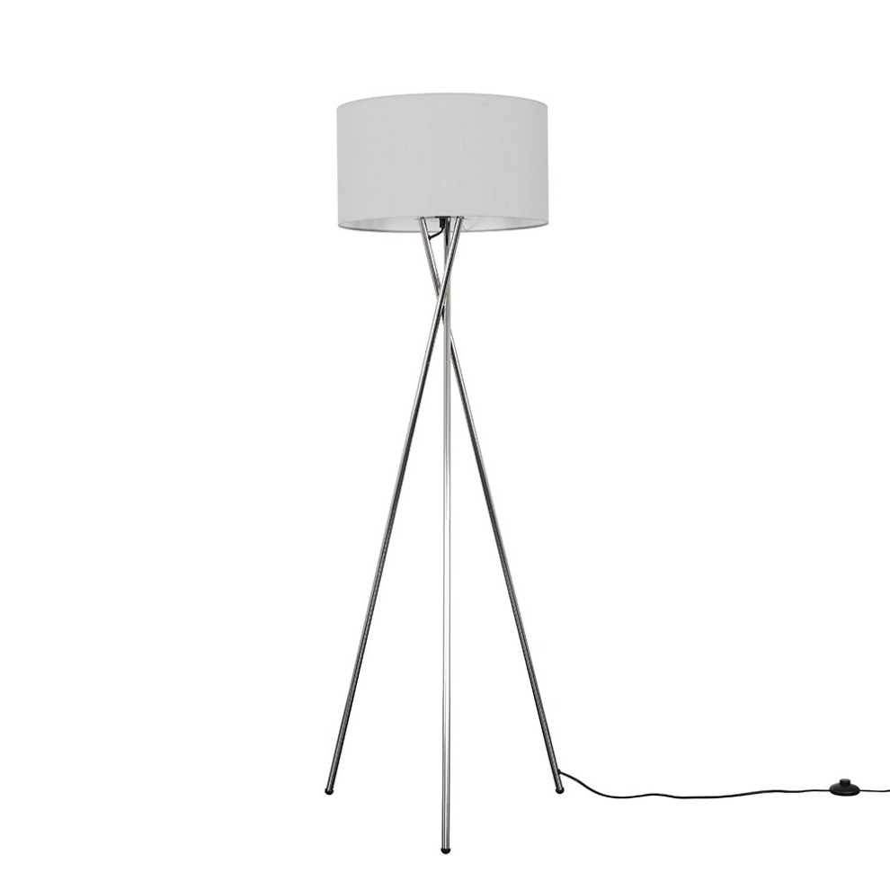 Modern Polished Chrome Metal Tripod Floor Lamp with a Pale Grey Cylinder Shade - Complete with a 6w LED Bulb [3000K Warm White]