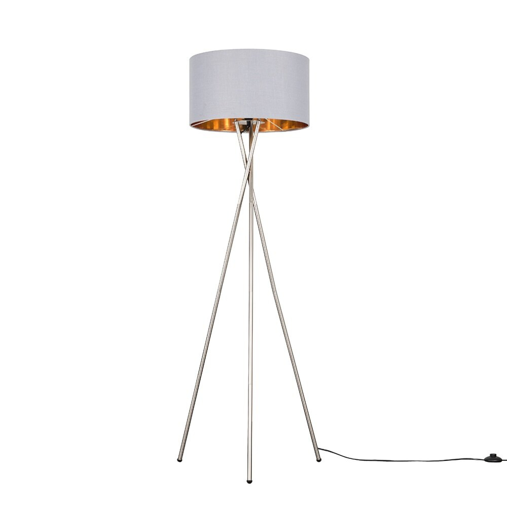 Modern Brushed Chrome Metal Tripod Floor Lamp with a Grey & Gold Cylinder Shade - Complete with a 6w LED Bulb [3000K Warm White]