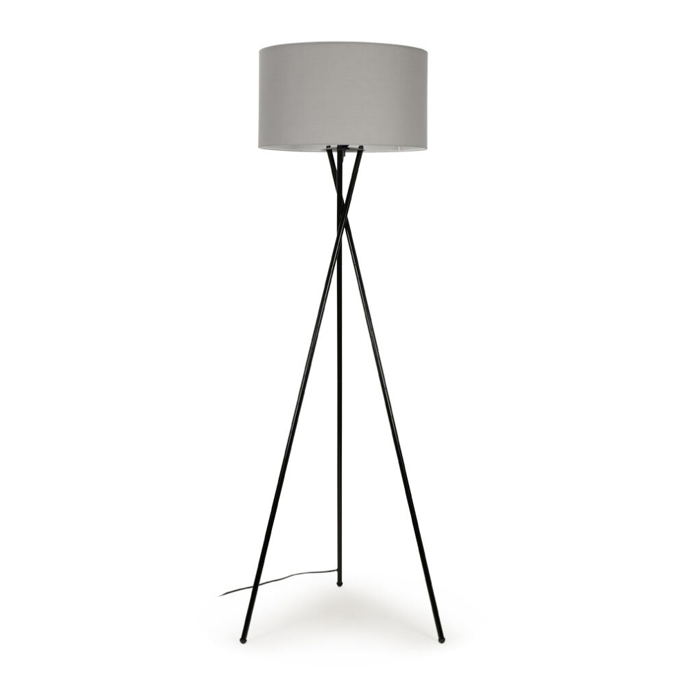 Modern Gloss Black Metal Tripod Floor Lamp with a Pale Grey Cylinder Shade - Complete with a 6w LED Bulb [3000K Warm White]