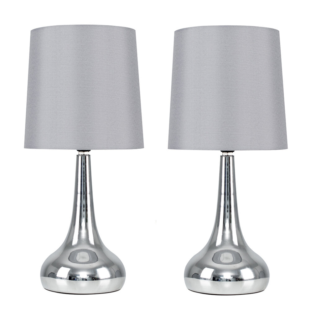 Pair of Modern Chrome Teardrop Touch Bed Side Table Lamps with Grey Fabric Shades