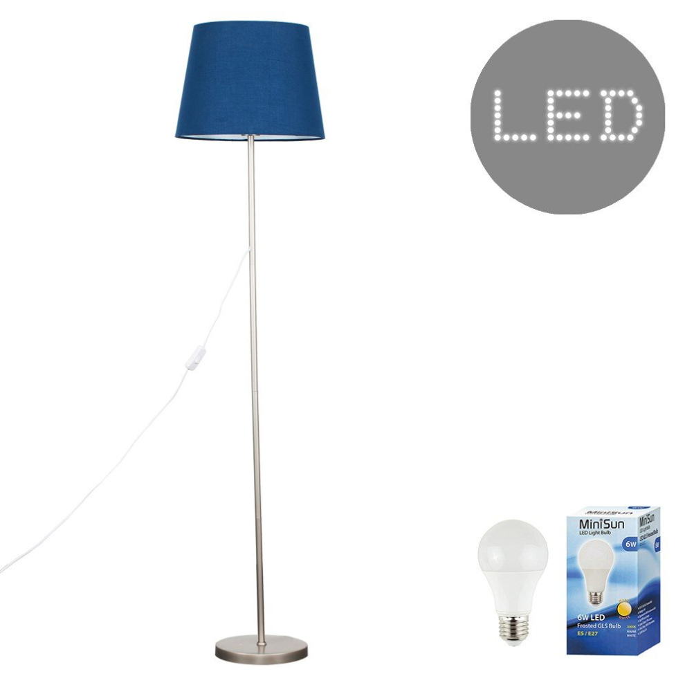 Modern Standard Floor Lamp in a Brushed Chrome Metal Finish with a Navy Blue Tapered Shade - Complete with a 6w LED GLS Bulb [3000K Warm White]