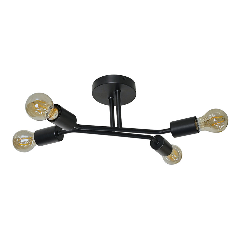 Modern 4 Way Semi Flush Matt Black Ceiling Light Fitting - Complete with a 4w LED Filament Amber Tinted Light Bulb [2700K Warm White]