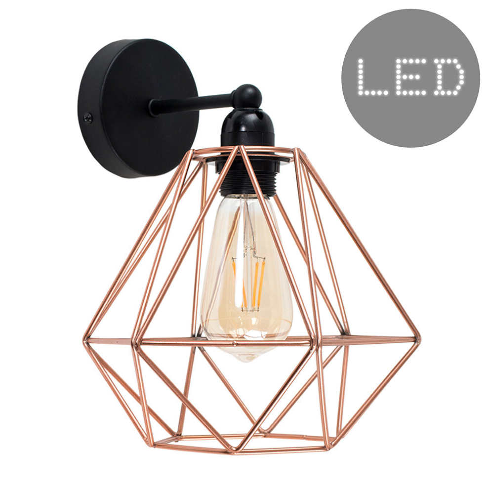 Industrial Satin Black Pipework Single Wall Light with a Copper Metal Basket Cage Light Shade - With 4w LED Filament Bulb [2700K Warm White]