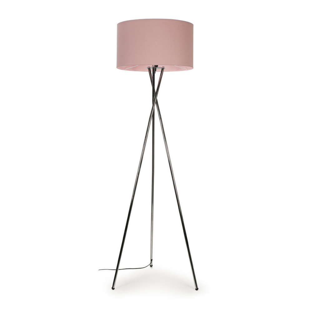 Modern Polished Chrome Metal Tripod Floor Lamp with a Pink Cylinder Shade - Complete with a 6w LED Bulb [3000K Warm White]