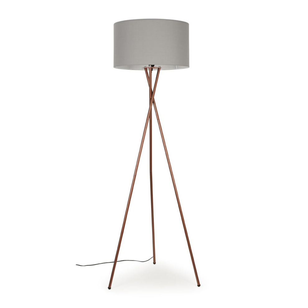 Modern Copper Metal Tripod Floor Lamp with a Pale Grey Cylinder Shade - Complete with a 6w LED Bulb [3000K Warm White]