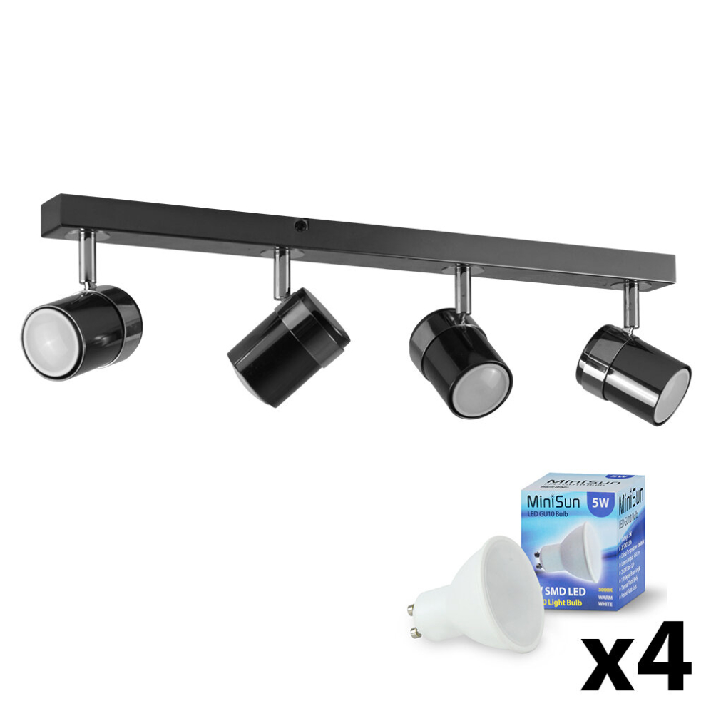 Modern 4 Way Straight Bar Ceiling Spotlight Fitting in a Black Chrome Finish - Complete 5w GU10 LED Bulbs [3000K Warm White]