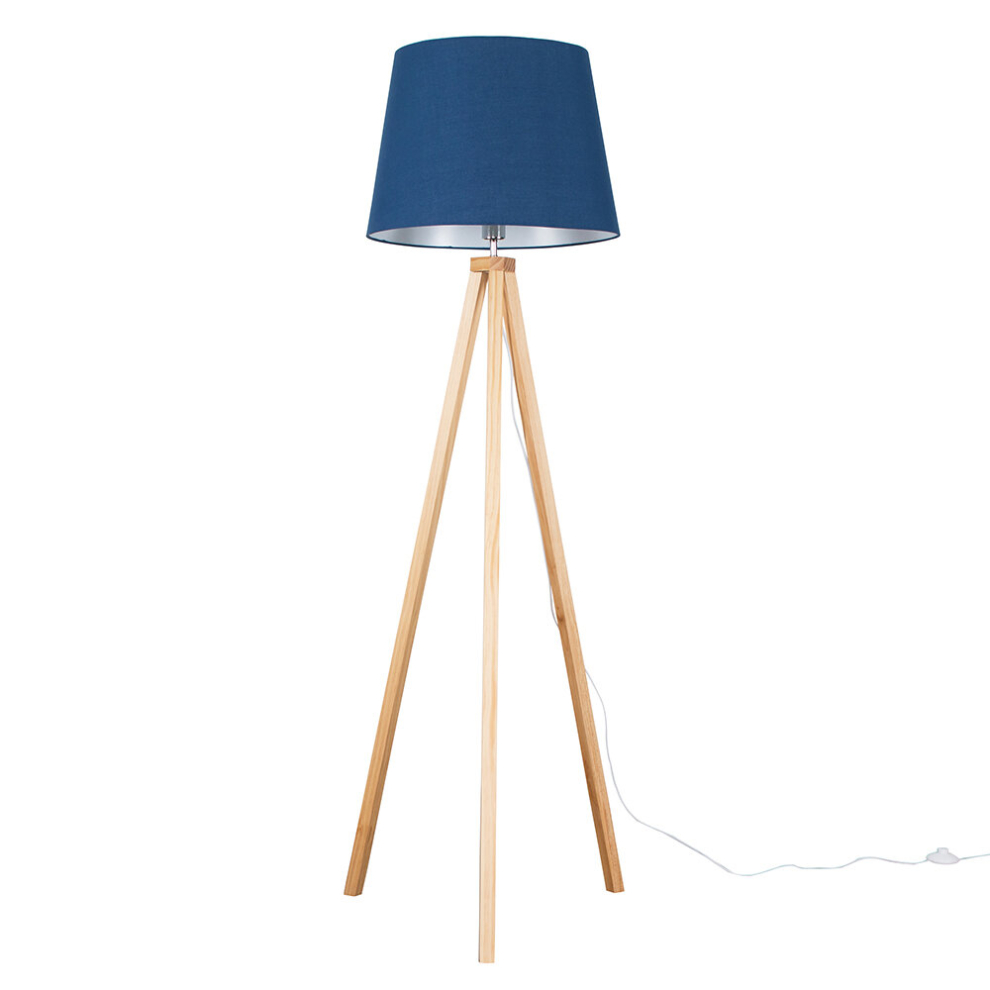 Modern Light Wood Tripod Design Floor Lamp with a Navy Blue Tapered Shade - Complete with a 6w LED GLS Bulb [3000K Warm White]