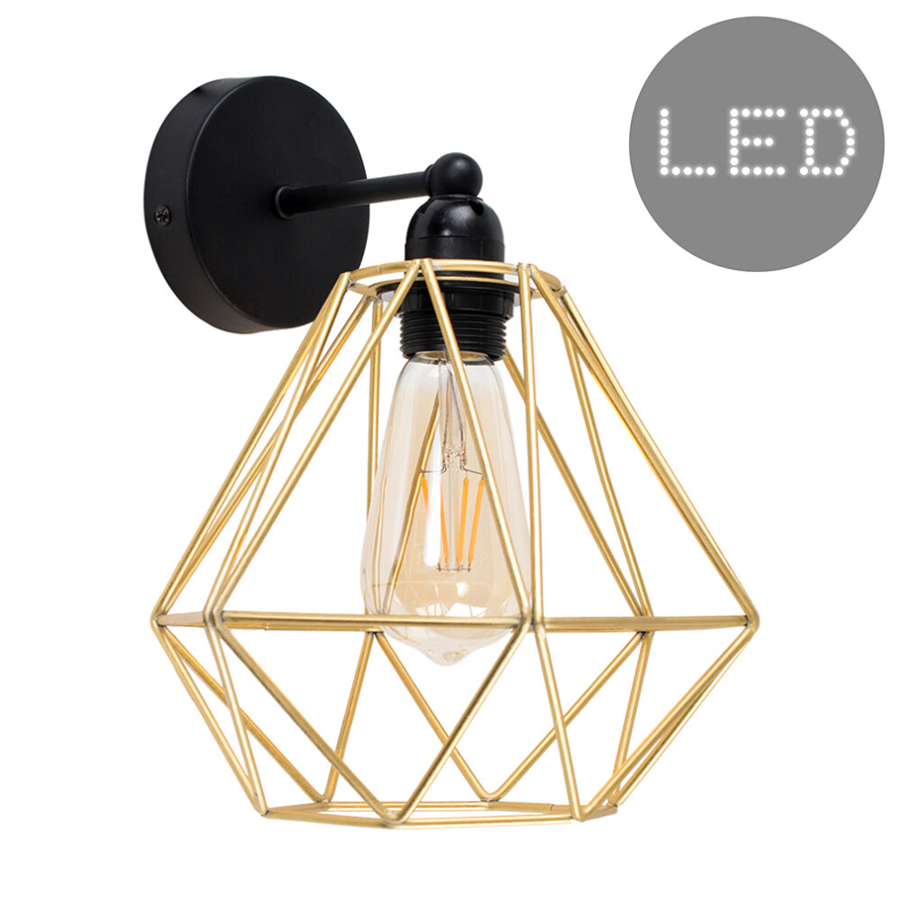 Industrial Black Pipework Wall Light Gold Cage Shade 4w LED Bulb