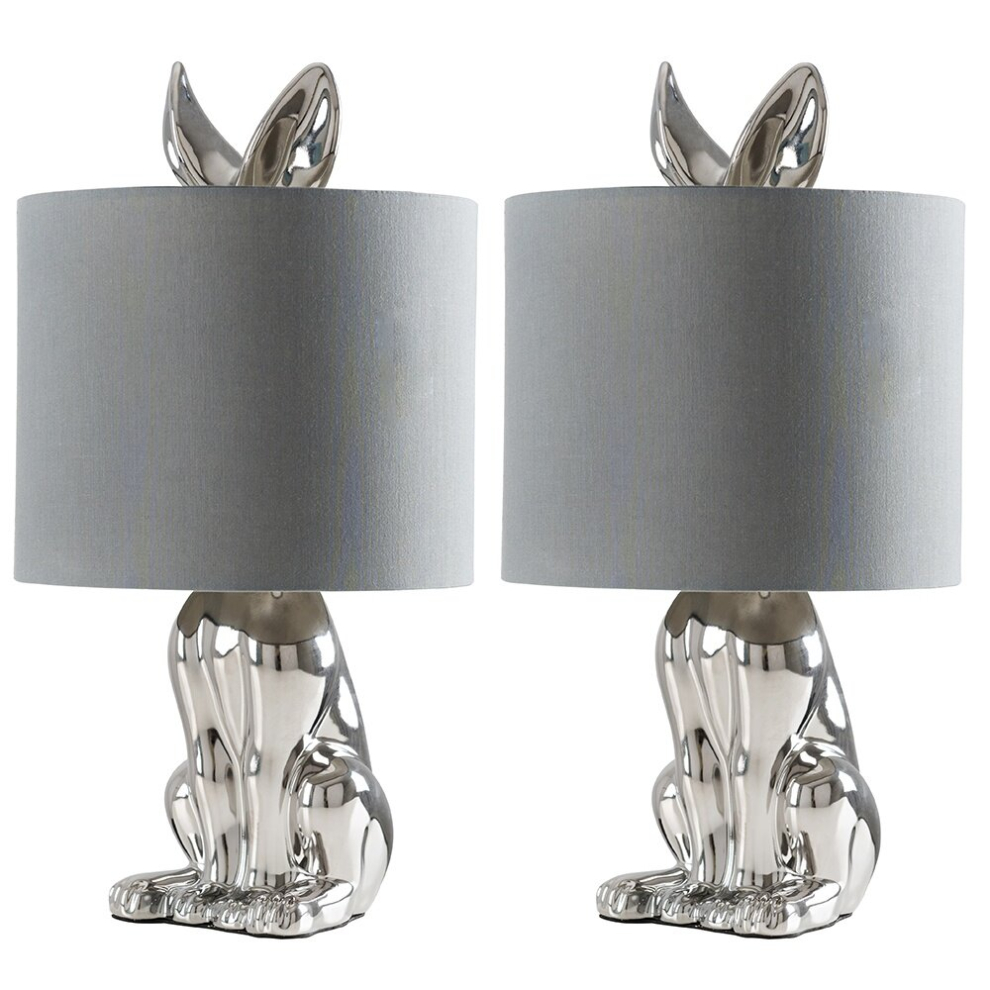 Pair of Modern Chrome Ceramic Rabbit/Hare Table Lamps with a Grey Shade - Complete with 4w LED Bulbs [3000K Warm White]