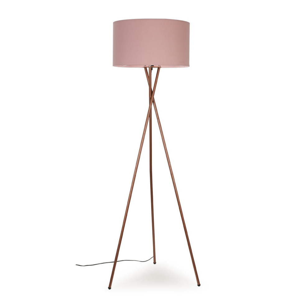 Modern Copper Metal Tripod Floor Lamp with a Pink Cylinder Shade