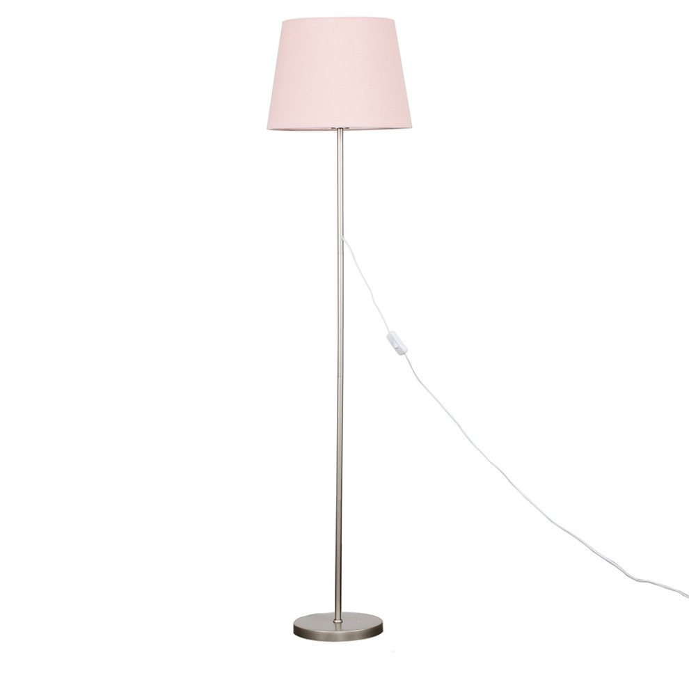 Modern Standard Floor Lamp in a Brushed Chrome Metal Finish with a Pink Tapered Shade
