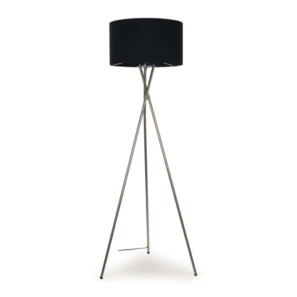 Modern Brushed Chrome Metal Tripod Floor Lamp with a Black Drum Shade - Complete with a 6w LED GLS Bulb [3000K Warm White]