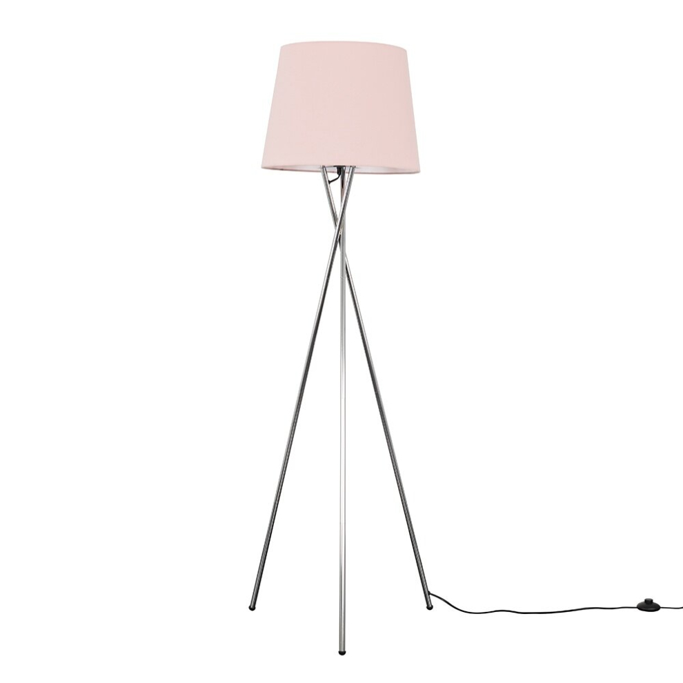 Modern Polished Chrome Metal Tripod Floor Lamp with a Pink Tapered Shade