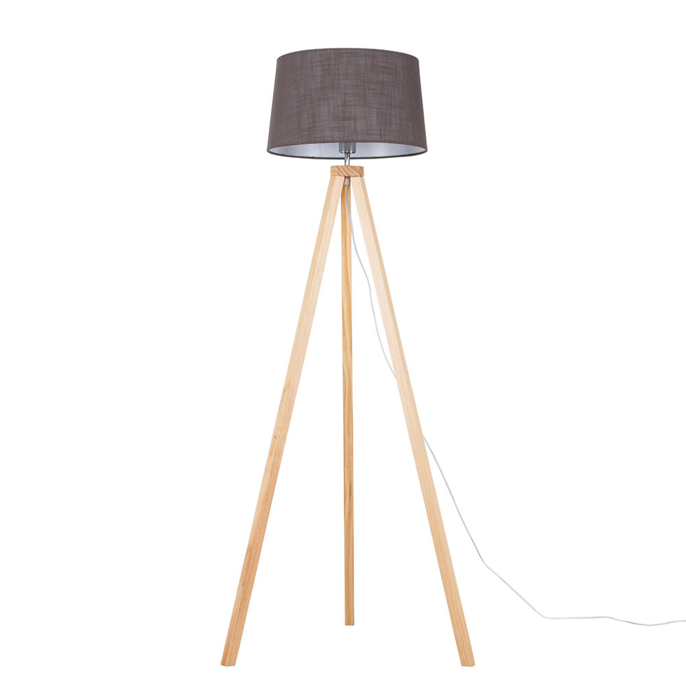 Modern Light Wood Tripod Design Floor Lamp with a Grey Tapered Shade - Complete with a 6w LED GLS Bulb [3000K Warm White]