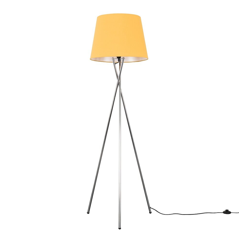 Modern Polished Chrome Metal Tripod Floor Lamp with a Mustard Tapered Shade - Complete with a 6w LED Bulb [3000K Warm White]