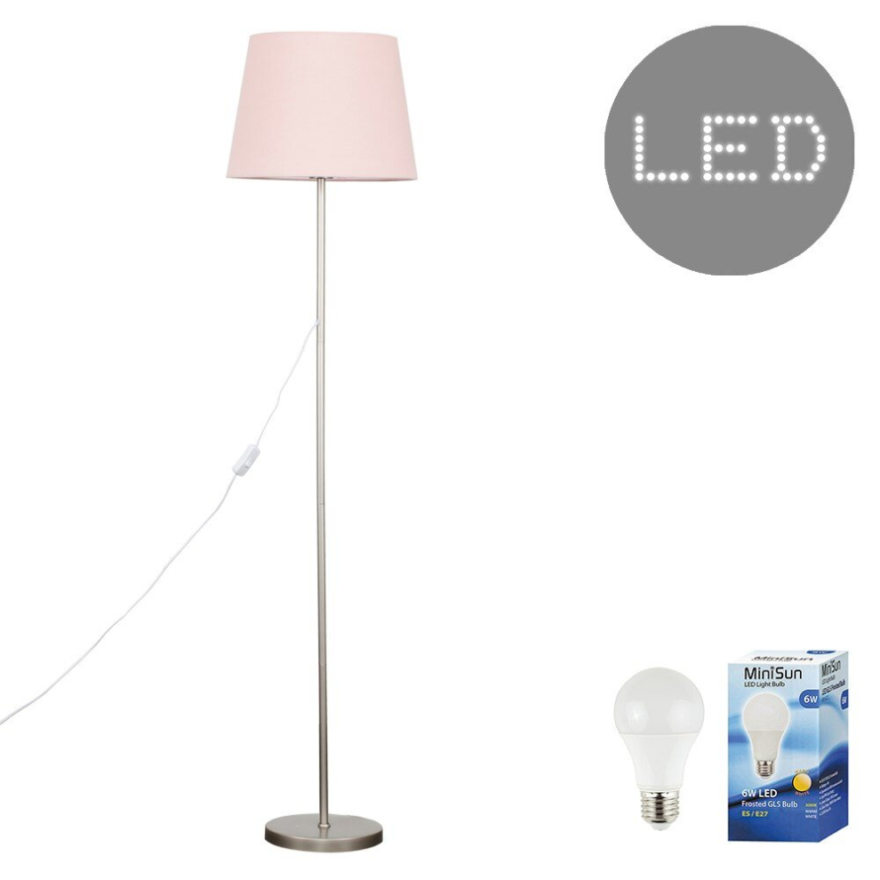 Modern Standard Floor Lamp in a Brushed Chrome Metal Finish with a Pink Tapered Shade - Complete with a 6w LED GLS Bulb [3000K Warm White]