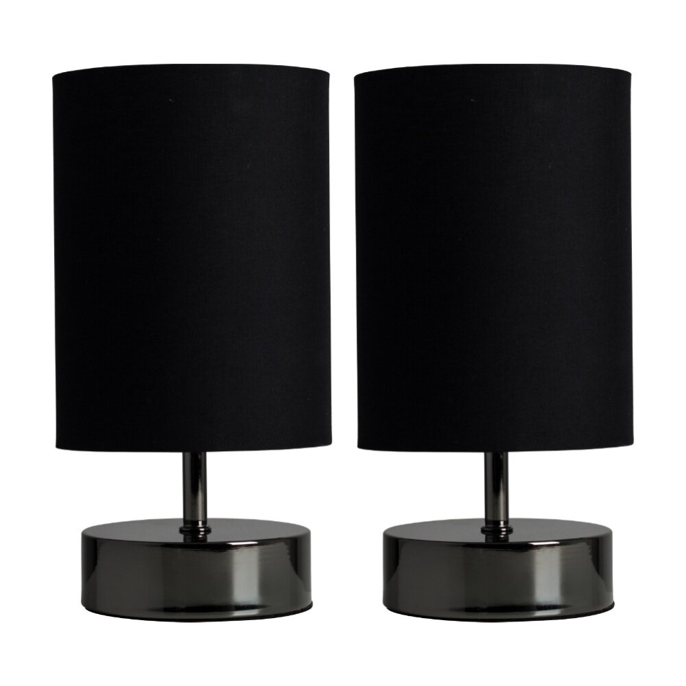 Pair of - Modern Black Chrome Touch Dimmer Bedside Table Lamps with Polycotton Black Light Shades