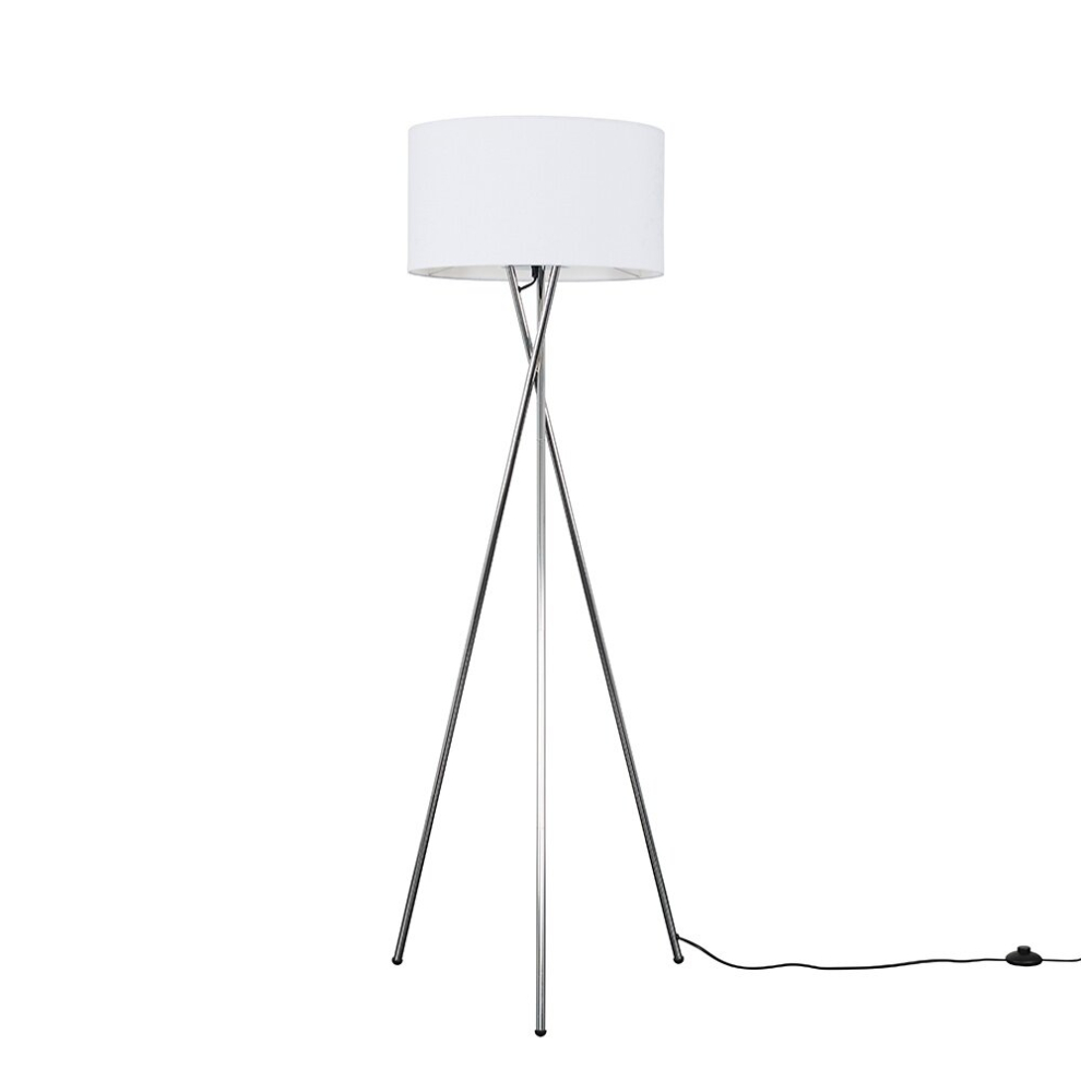 Modern Polished Chrome Metal Tripod Floor Lamp with a White Cylinder Shade - Complete with a 6w LED Bulb [3000K Warm White]