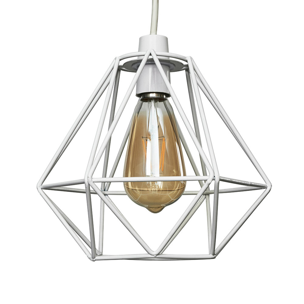 Retro Style White Metal Basket Cage Ceiling Pendant Light Shade - Complete with a 4w LED Filament Bulb [2700K Warm White]