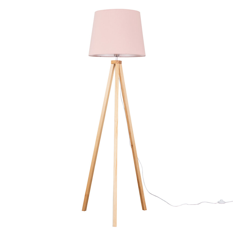 Modern Light Wood Tripod Design Floor Lamp with a Pink Tapered Shade - Complete with a 6w LED GLS Bulb [3000K Warm White]