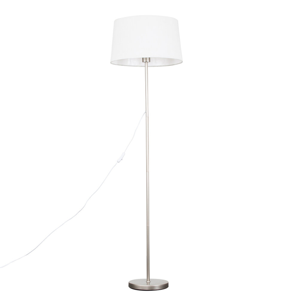 Modern Standard Floor Lamp in a Brushed Chrome Metal Finish with a White Faux Linen Tapered Shade