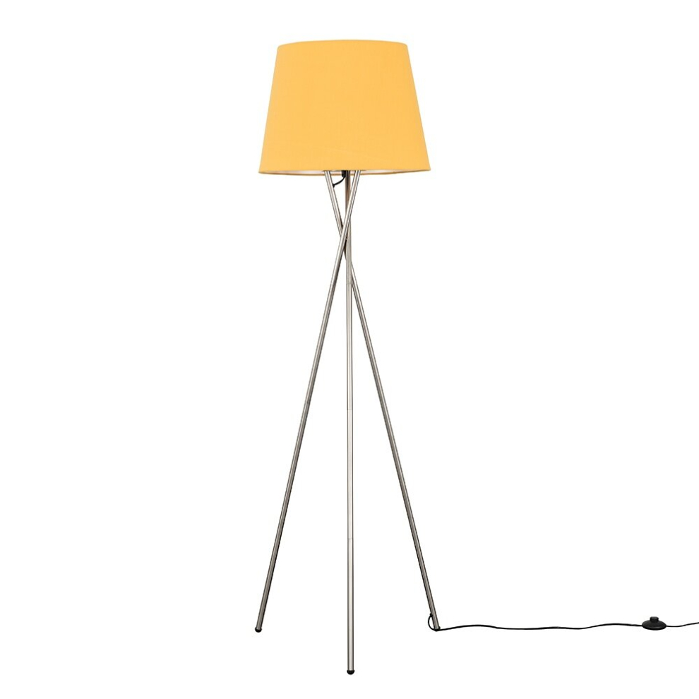 Modern Brushed Chrome Metal Tripod Floor Lamp with a Mustard Tapered Shade - Complete with a 6w LED Bulb [3000K Warm White]