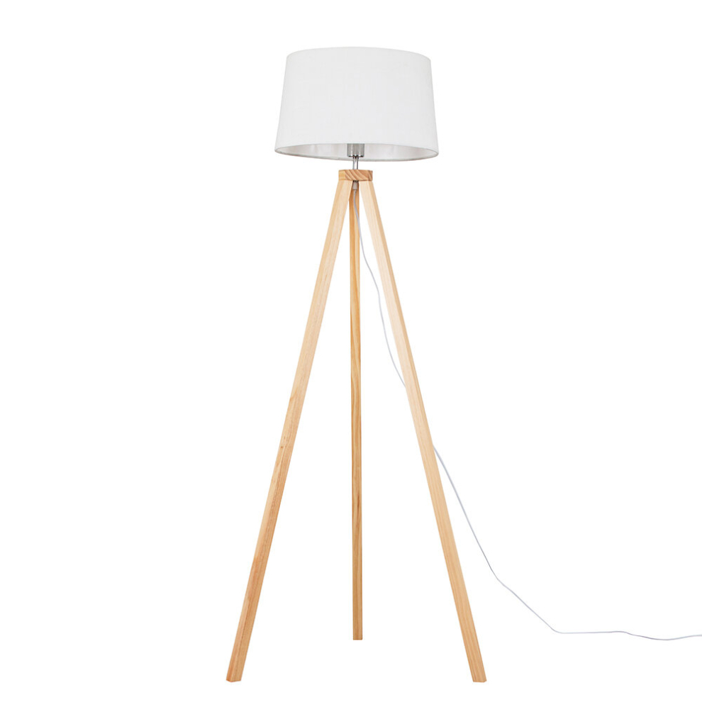 Modern Light Wood Tripod Design Floor Lamp with a White Tapered Shade - Complete with a 6w LED GLS Bulb [3000K Warm White]