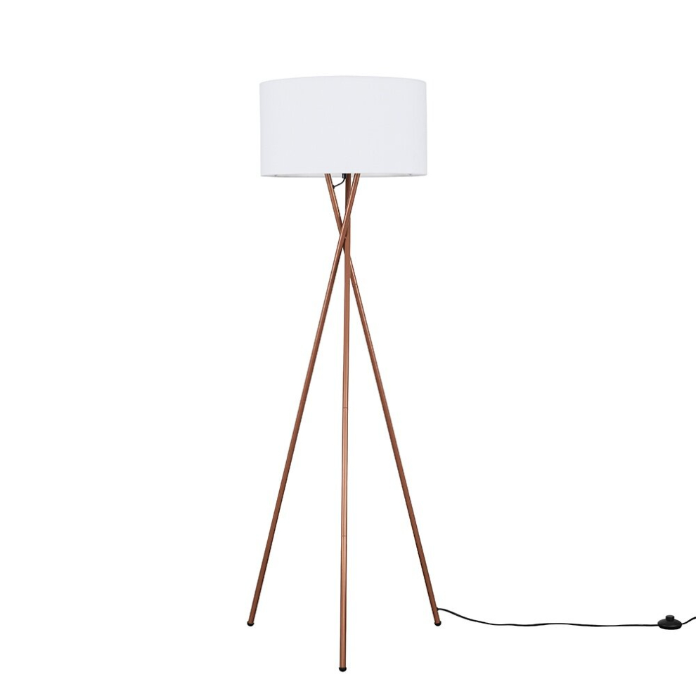 Modern Copper Metal Tripod Floor Lamp with a White Cylinder Shade - Complete with a 6w LED Bulb [3000K Warm White]