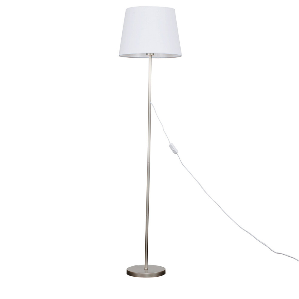 Modern Standard Floor Lamp in a Brushed Chrome Metal Finish with a White Tapered Shade