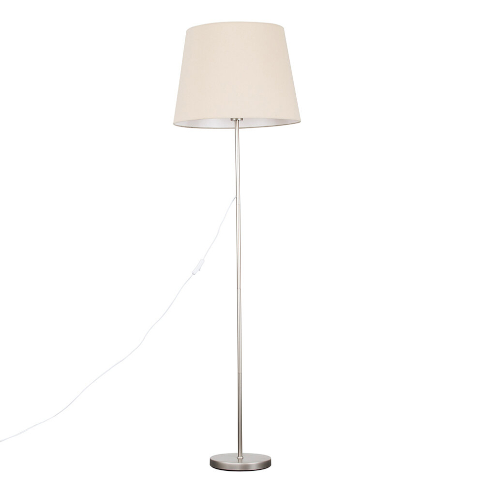 Modern Standard Floor Lamp in a Brushed Chrome Metal Finish with an Extra Large Beige Tapered Shade - With a 6w LED GLS Bulb [3000K Warm White]