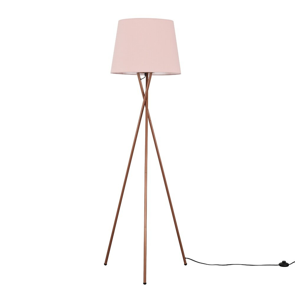 Modern Copper Metal Tripod Floor Lamp with a Pink Tapered Shade - Complete with a 6w LED Bulb [3000K Warm White]