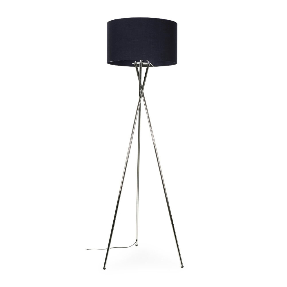 Modern Brushed Chrome Metal Tripod Floor Lamp with a Navy Blue Cylinder Shade - Complete with a 6w LED Bulb [3000K Warm White]