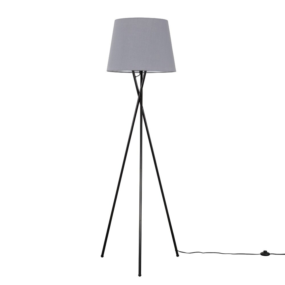 Modern Gloss Black Metal Tripod Floor Lamp with a Grey Tapered Shade - Complete with a 6w LED Bulb [3000K Warm White]