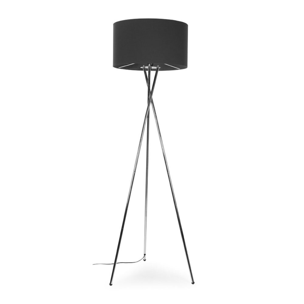 Modern Brushed Chrome Metal Tripod Floor Lamp with a Dark Grey Cylinder Shade - Complete with a 6w LED Bulb [3000K Warm White]