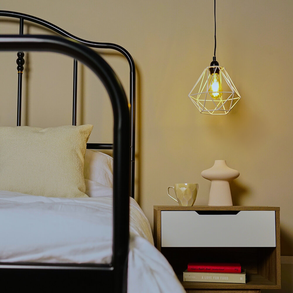 Retro Style White Metal Basket Cage Ceiling Pendant Light Shade - Complete with a 4w LED Filament Bulb [2700K Warm White]
