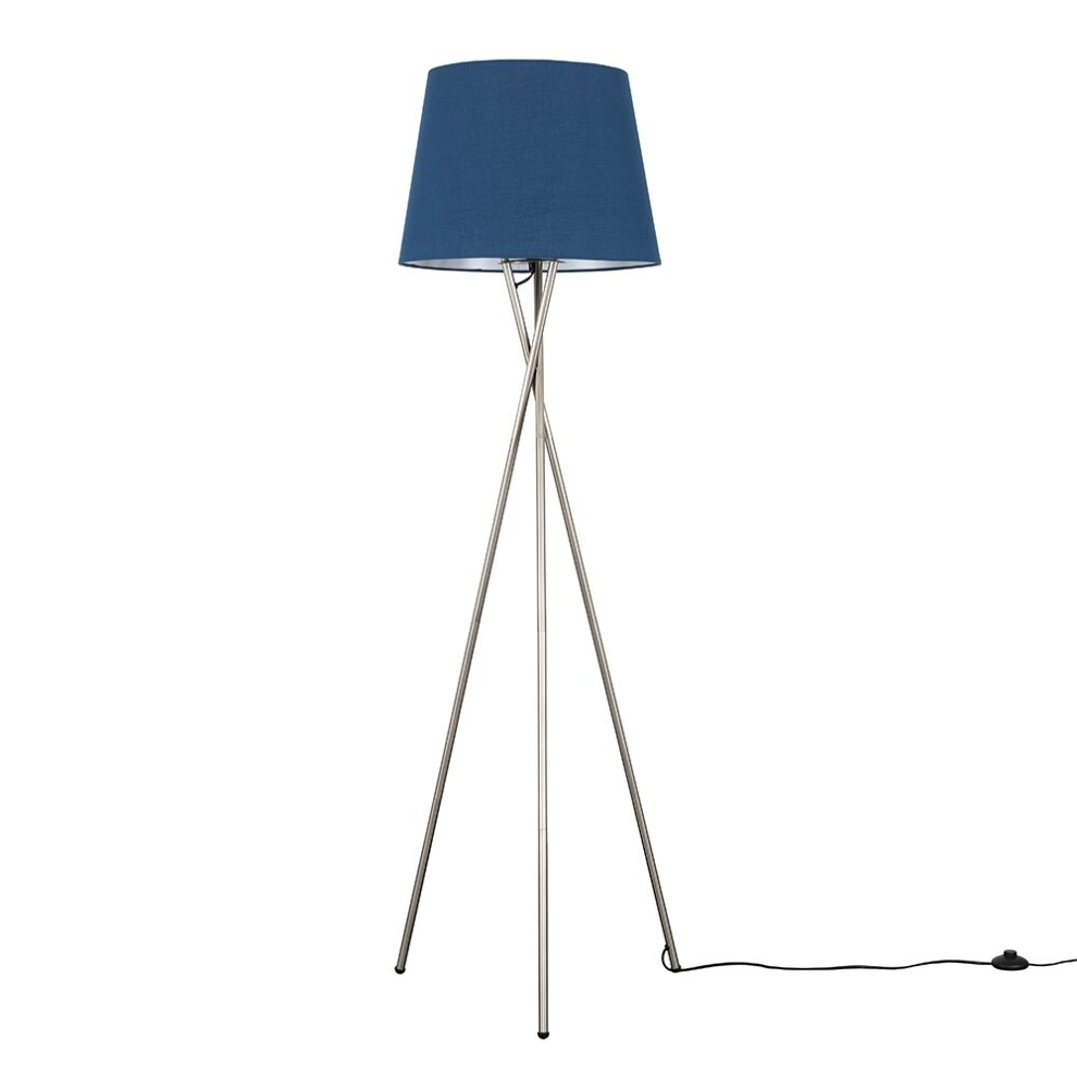 Modern Brushed Chrome Metal Tripod Floor Lamp with a Navy Blue Tapered Shade