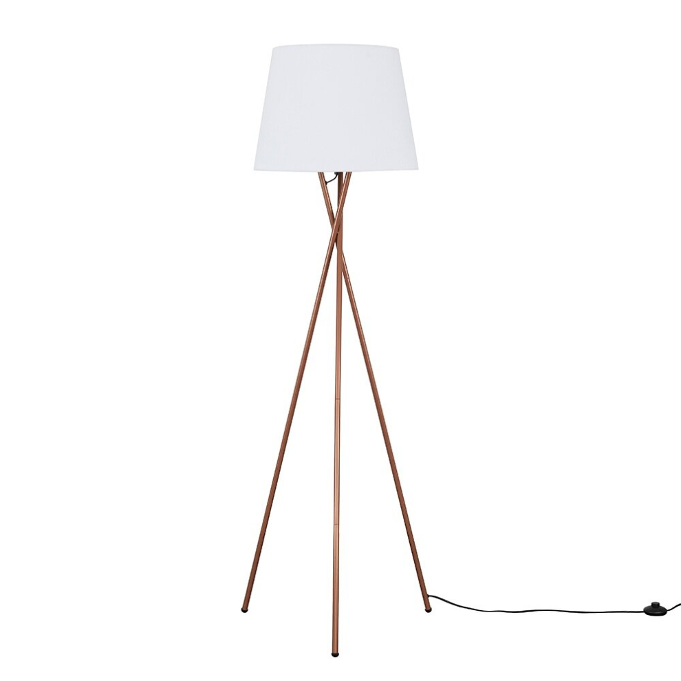 Modern Copper Metal Tripod Floor Lamp with a White Tapered Shade - Complete with a 6w LED Bulb [3000K Warm White]