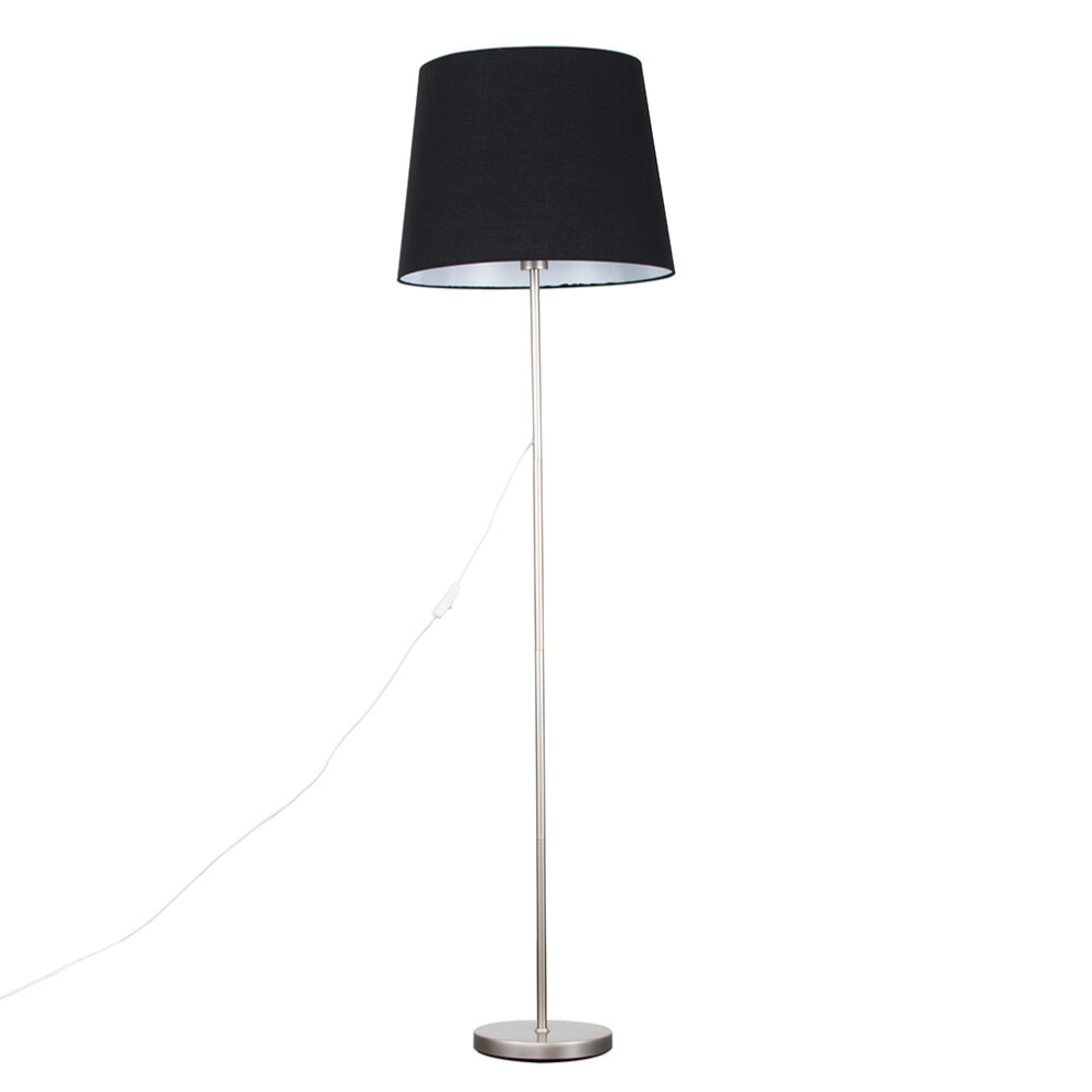 Modern Standard Floor Lamp in a Brushed Chrome Metal Finish with an Extra Large Black Tapered Shade - With a 6w LED GLS Bulb [3000K Warm White]