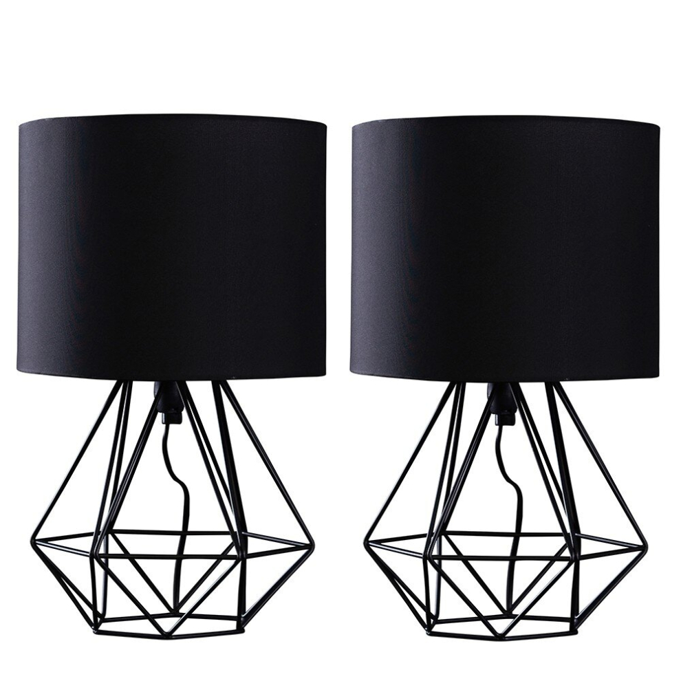 Pair of - Modern Black Metal Basket Cage Bed Side Table Lamps with Black Fabric Shades - Complete with 4w LED Golfball Bulbs [3000K Warm White]