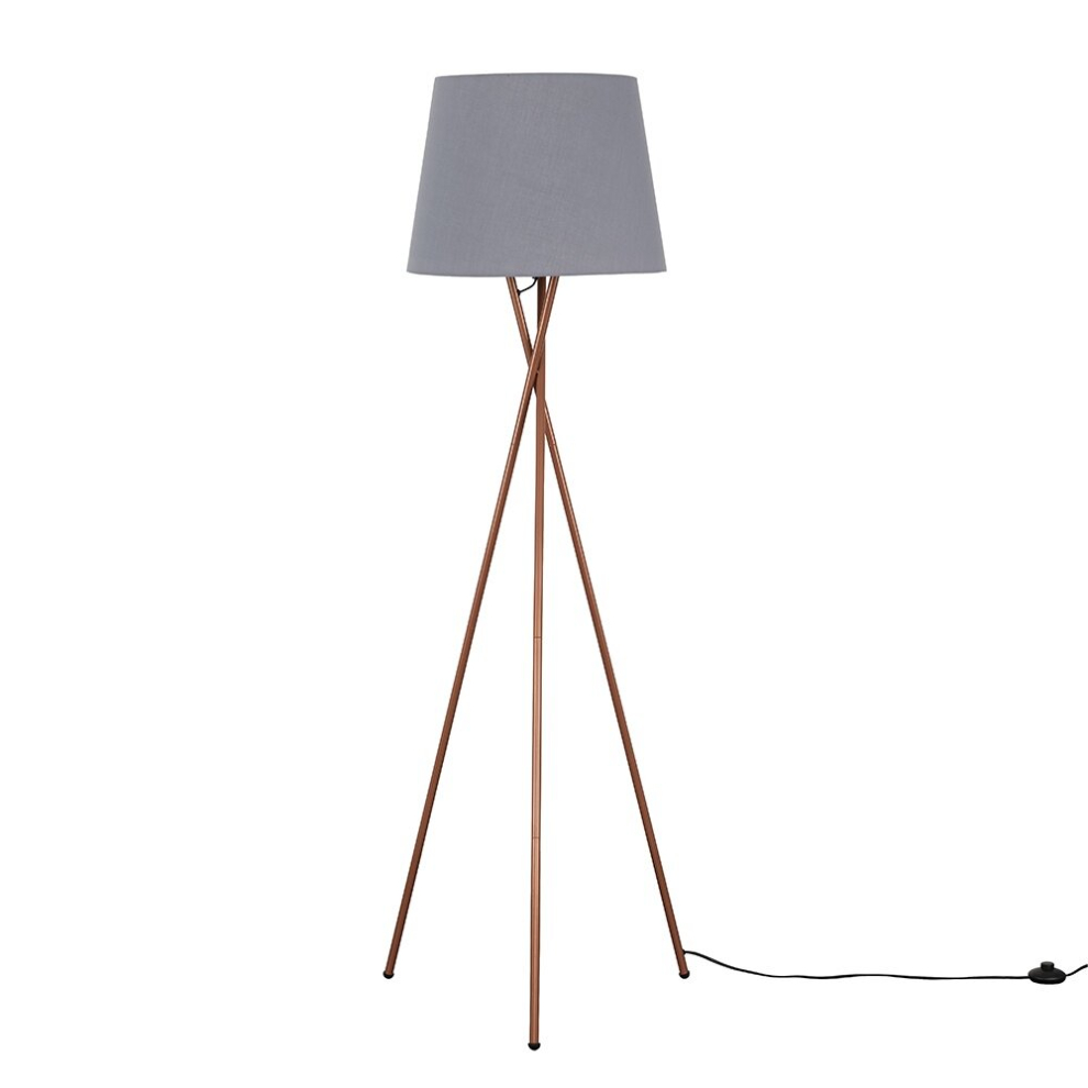 Modern Copper Metal Tripod Floor Lamp with a Grey Tapered Shade - Complete with a 6w LED Bulb [3000K Warm White]