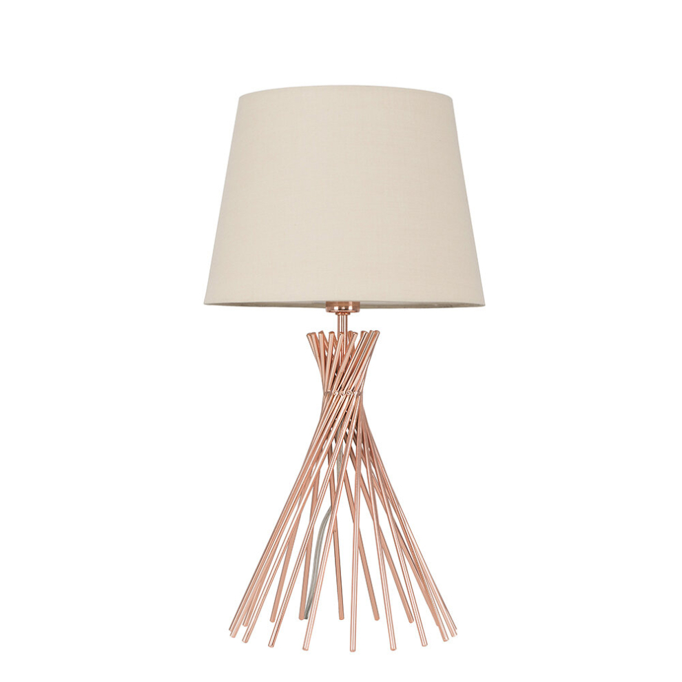 Modern Copper Metal Wire Twist Design Table Lamp with a Beige Tapered Light Shade - Complete with a 4w LED Golfball Bulb [3000K Warm White]