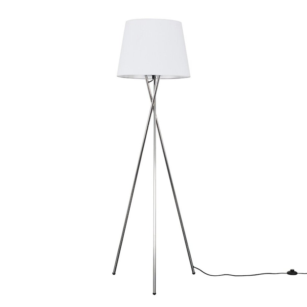 Modern Polished Chrome Metal Tripod Floor Lamp with a White Tapered Shade - Complete with a 6w LED Bulb [3000K Warm White]