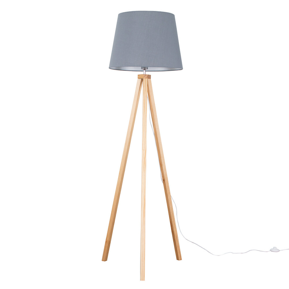 Modern Light Wood Tripod Design Floor Lamp with a Grey Tapered Shade - Complete with a 6w LED GLS Bulb [3000K Warm White]