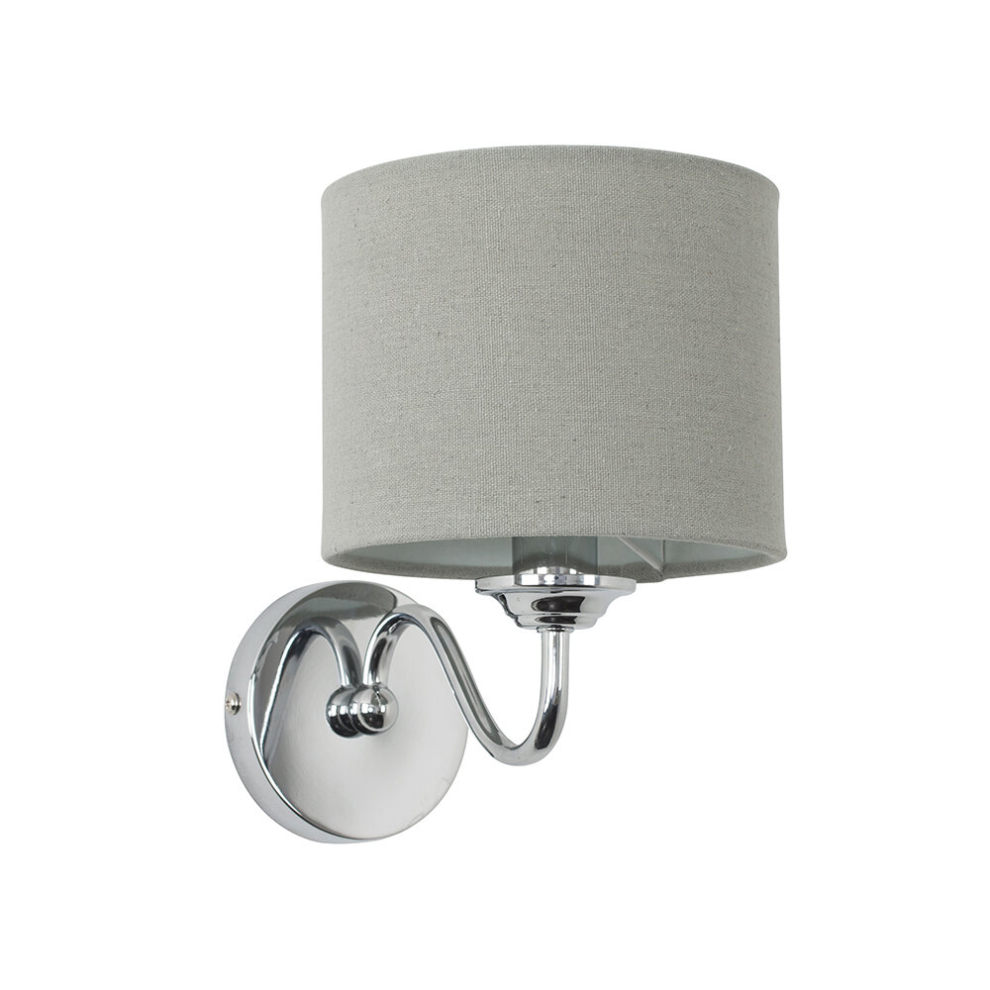 Pair of Modern Chrome Curved Arm Wall Light Fittings with Grey Linen Drum Shades - Complete with 4w LED Candle Bulbs [3000K Warm White]