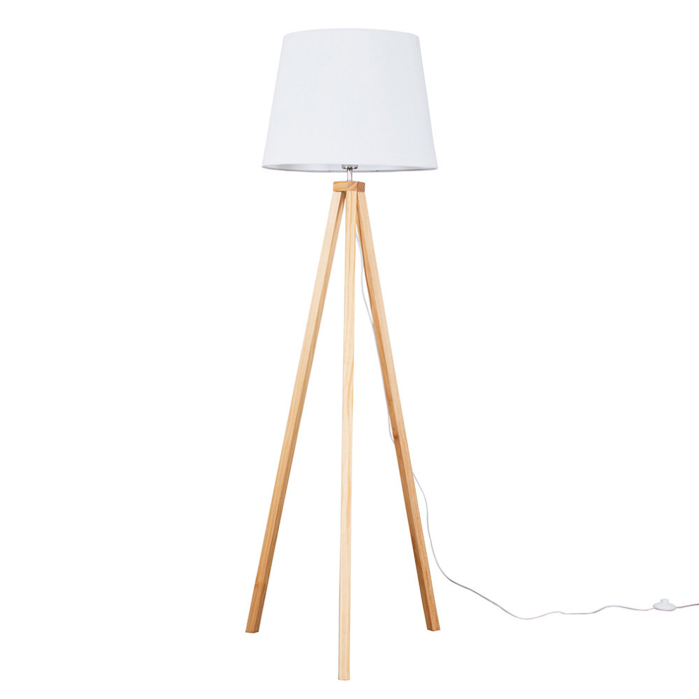 Modern Light Wood Tripod Design Floor Lamp with a White Tapered Shade - Complete with a 6w LED GLS Bulb [3000K Warm White]