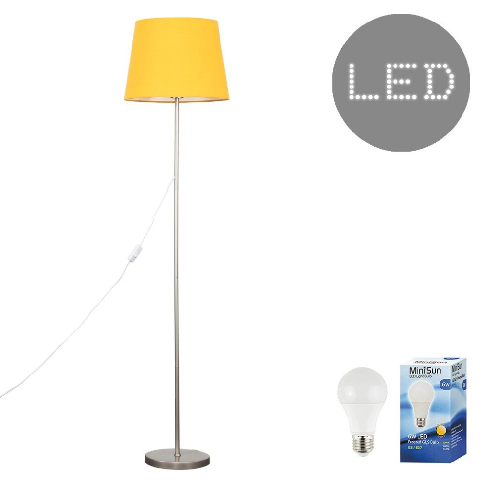 Modern Standard Floor Lamp in a Brushed Chrome Metal Finish with a Mustard Tapered Shade - Complete with a 6w LED GLS Bulb [3000K Warm White]