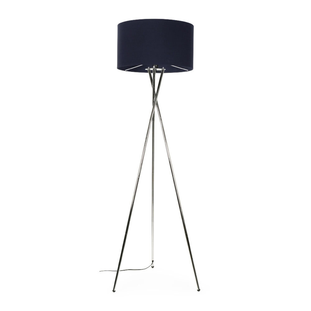 Modern Polished Chrome Metal Tripod Floor Lamp with a Navy Blue Cylinder Shade