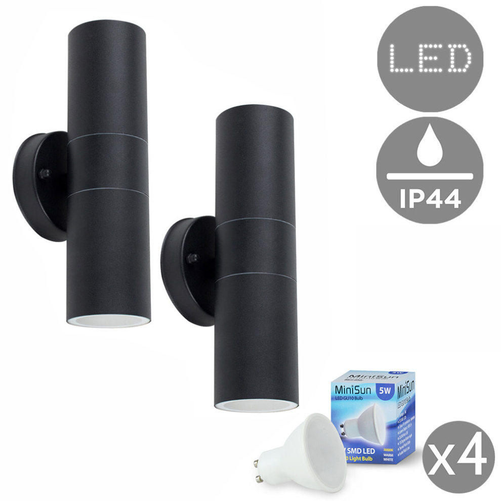 Pair of - Modern Black Stainless Steel Outdoor Up/Down Wall Lights - IP44 Rated - Complete with 5w GU10 LED Bulbs [3000K Warm White]