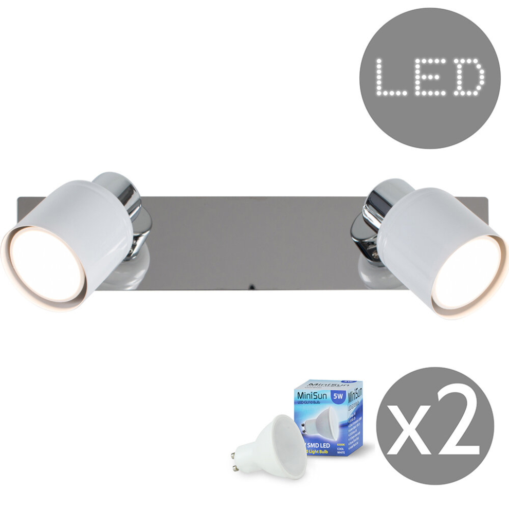 Modern Gloss White & Chrome 2 Way Adjustable Wall Spotlight with Practical Plug, Cable and Switch - Complete 5w GU10 LED Bulbs [6500K Cool White]